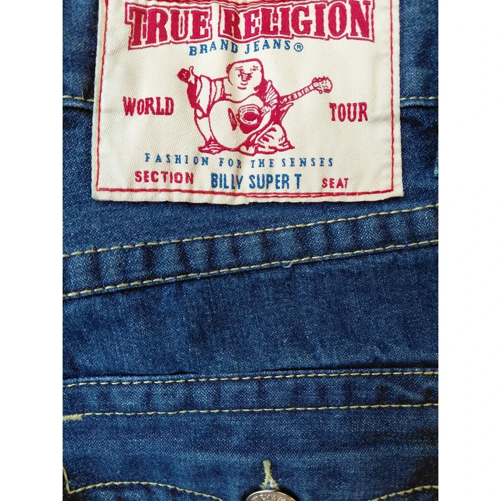 True Religion Billy Super T Mens Straight Leg Jeans Blue Yellow Stitch USA 36